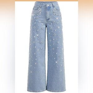 NWT DOSE Pearl& Rhinestone  Wide Leg high rise light Blue jeans, size XXL , M